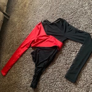 Black mesh and red bodysuit